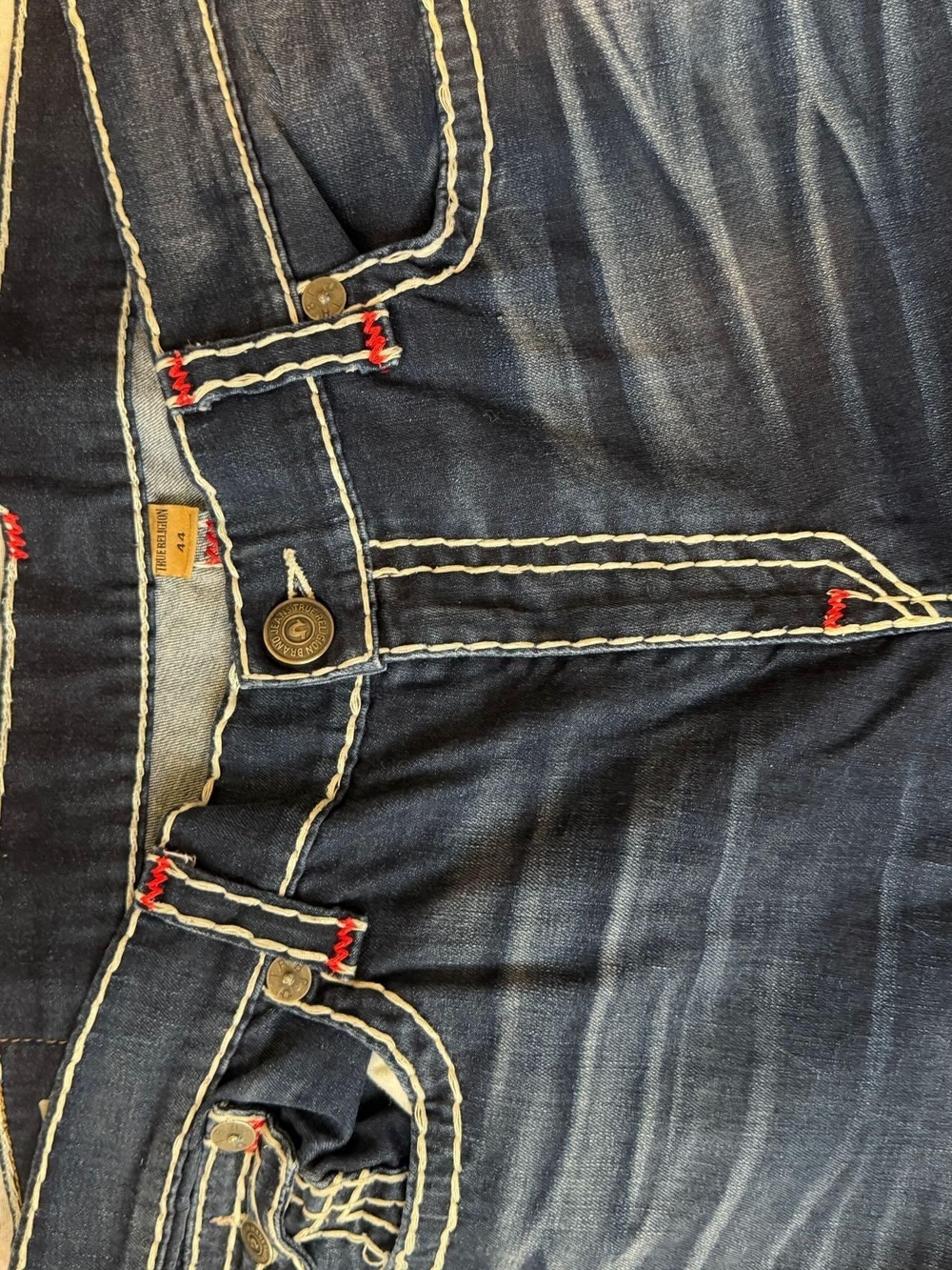 True Religion Slim Dark Blue Jeans with Cream Stitching and Red Accents